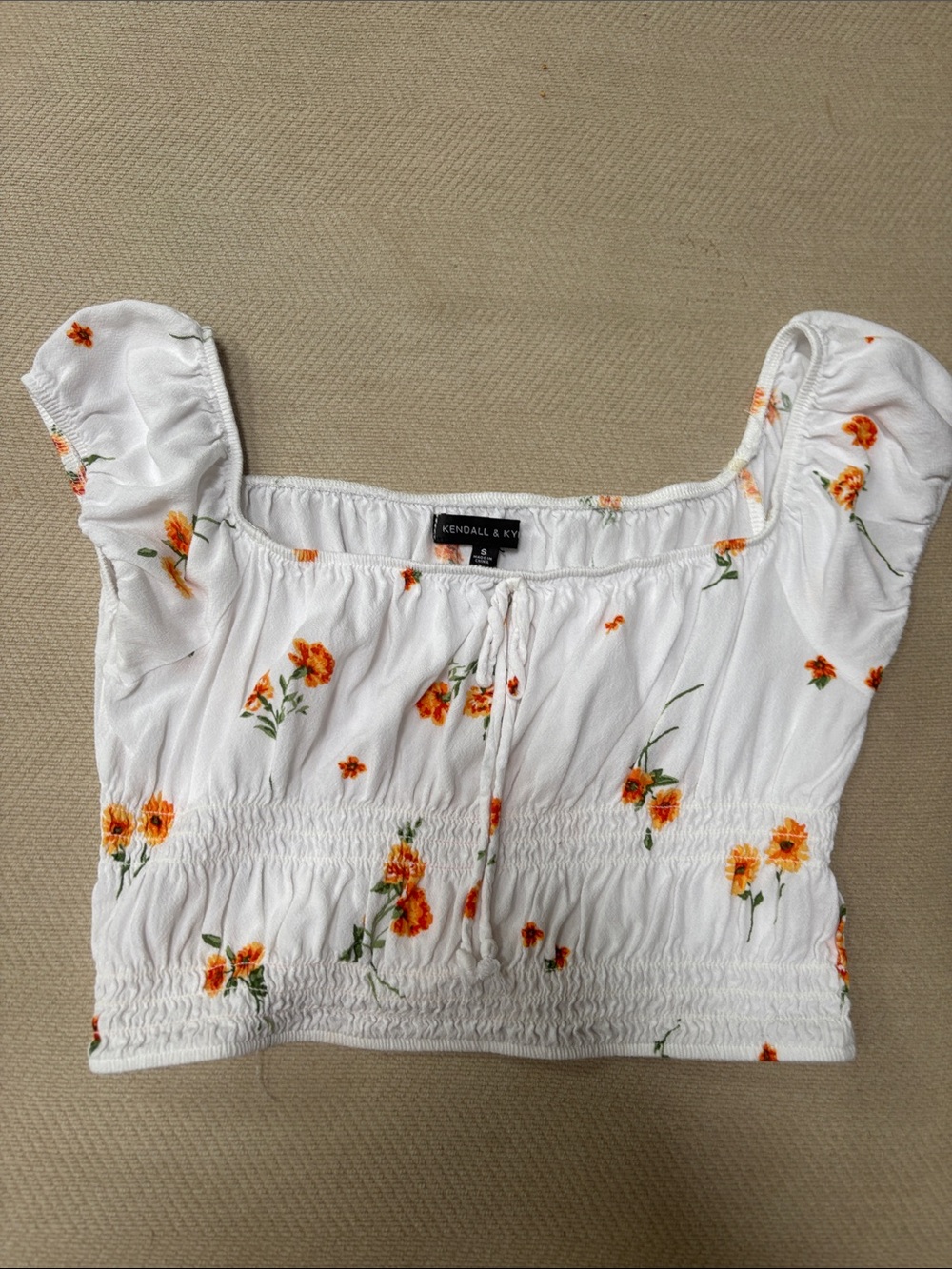 Kendall & Kylie White Crop Top with Orange Floral Print
